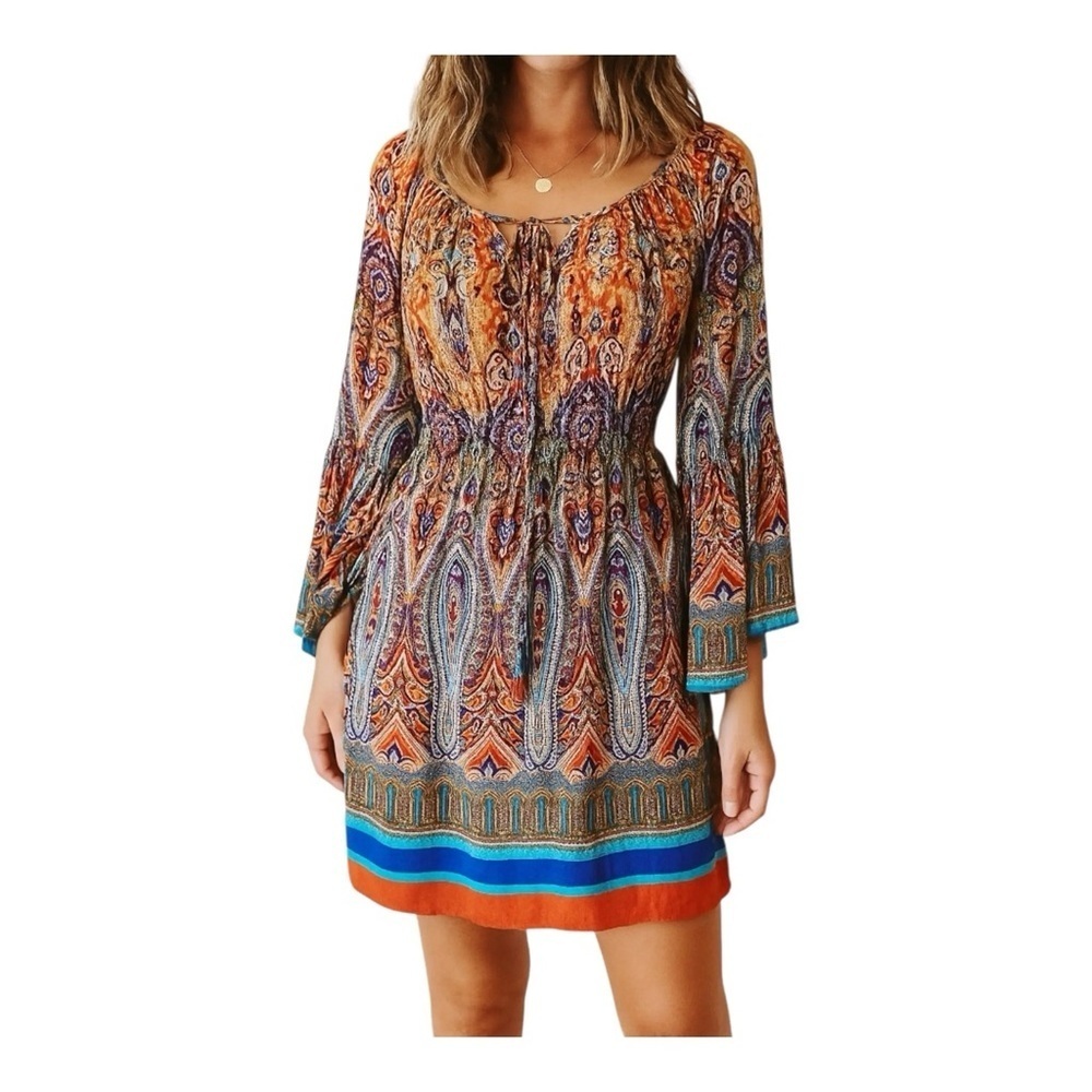 Boston Proper Multicolor Paisley Bell Sleeve Dress